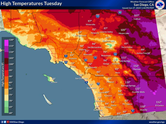 Slightly above normal temperatures for the deserts. Near normal elsewhere. For the coastal areas: 71 to 78, western valleys and inland Orange County: 78 to 84, inland valleys: 82 to 93, mountains between 4000 ft and 7000 ft: 77 to 90, high desert: 95 to 102, low desert: 107 to 111.