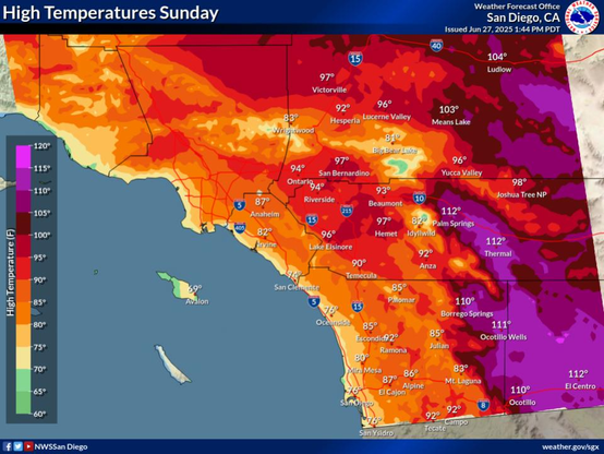 Temperatures near to slightly above normal. For the coastal areas: 73 to 80, western valleys and inland Orange County: 80 to 87, inland valleys: 85 to 96, mountains between 4000 ft and 7000 ft: 79 to 89, high desert: 94 to 100, low desert: 107 to 111.