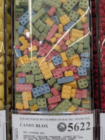 Lego-shaped candy in various colors in bulk