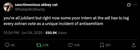 tweet from user named sanctimonious abbey cat that reads: you're all jubilant but right now some poor intern at the adl has to log every zohran vote as a unique incident of antisemitism