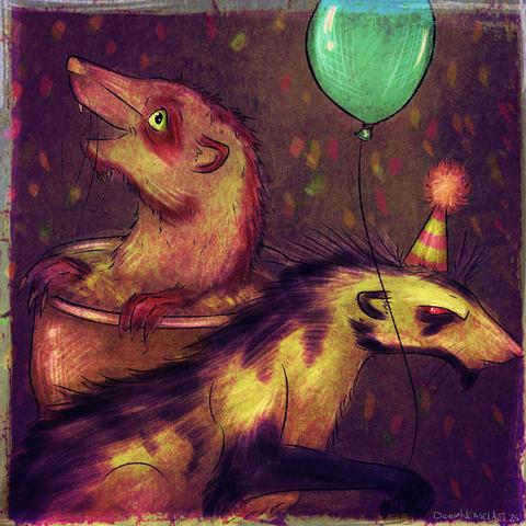 Coloured digital drawing of two ferrets; one stood in a pint of beer the other wearing a party hat and holding a tiny balloon.