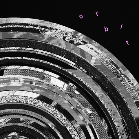 A collage composed of circles featuring various black and white space images. The circles originate from the bottom left and progressively increase in size until they nearly fill the square canvas. The background is black, giving the impression of a planet in space. Some textures resemble retro newsprint. Upon closer inspection, the International Space Station (ISS) can be seen in some of the circles, while others depict drawings of Apollo spacecraft from the 1960s. Additional images include photographs of Earth and stars. The title of the piece, 'Orbit,' is scattered loosely around the collage, as if floating in the planet's orbit. The title is rendered in a retro pixel font in lavender color.