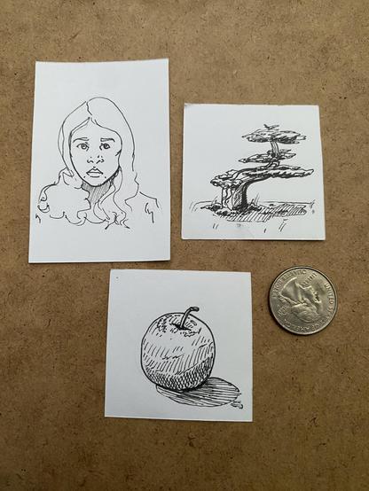 Three pen drawings next to a quarter, starting from the top left: a portrait of a woman, a tree, and a fruit.