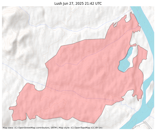 Visual map representation of the Lush wildfire, showing the perimeters of the 9598.308666849876 acre fire on a map.
