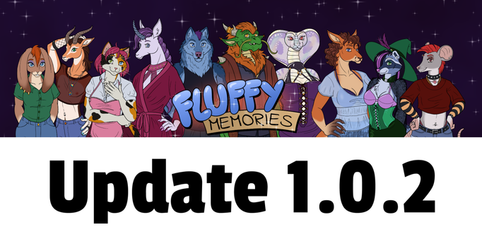 Several anthro characters - a rabbit, a gazelle, a calico cat, a unicorn, a wolf, a dragon, a cobra, a kangaroo, a raccoon, and a mouse, behind the name of the video game, Fluffy Memories. Underneath is the text "Update 1.0.2"