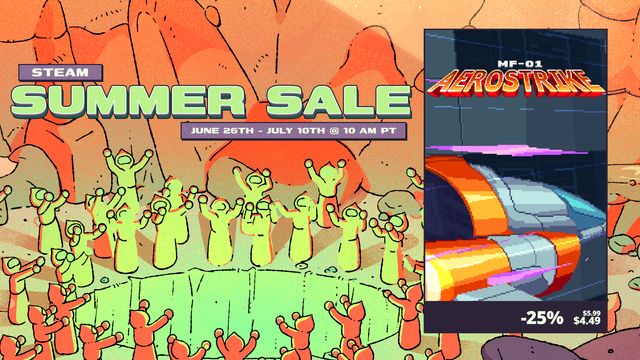 MF-01 Aerostrike is 25% off during the Steam Summer Sale.

The price went from USD $5.99 down to USD $4.49 (regional price may vary).

The sale will be active from June 26th up to July 10th at 10 am PT.