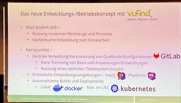 Das neue Entwicklungs-/Betriebskonzept mit vufind Search, Discover Share. • Was ändert sich : • Nutzung moderner Werkzeuge und Prozesse • Gemeinsame Entwicklung statt Einzelarbeit • Kernpunkte : • Zentrale Verwaltung/Versionierung von Quellcode/Konfigurationen GitLab • Klare Trennung von Basis und Anpassungen/Entwicklungen • Nutzung eines zentralen Ticketsystem (Issues) • Einheitliche Entwicklungsumgebungen : Intelij 1J , PhpStorm PS • Automatisierte Builds und Deployments
