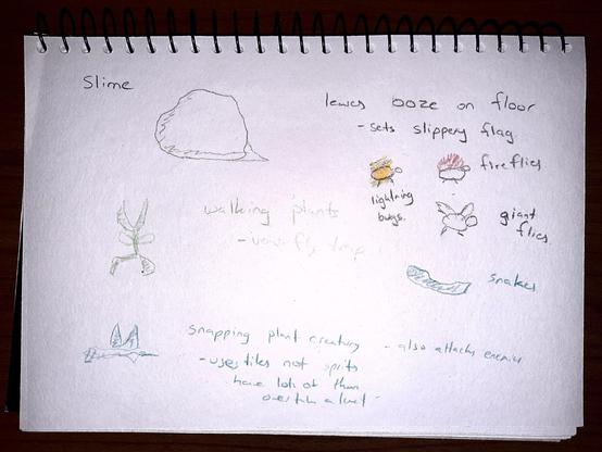 Photo of a spiral sketchbook showing organic enemies.
Slime, walking plants, snapping plant, giant flies, flies on fire, lightning bugs, snakes.