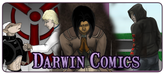 Representative art from each of the three webcomic universes in Darwin Comics