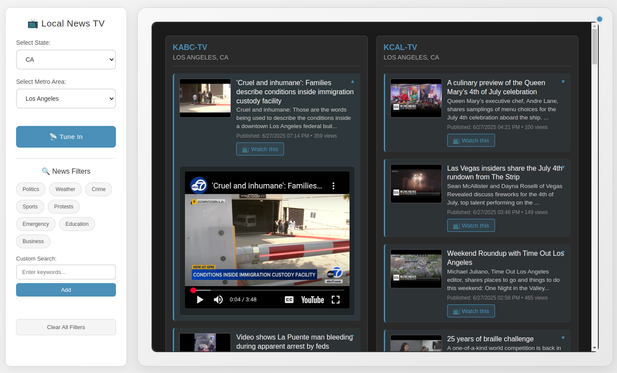 Local News TV in action. The left side shows that media from the Los Angeles area have been selected. On the right, the latest news from KABC and KCAL are shown.
