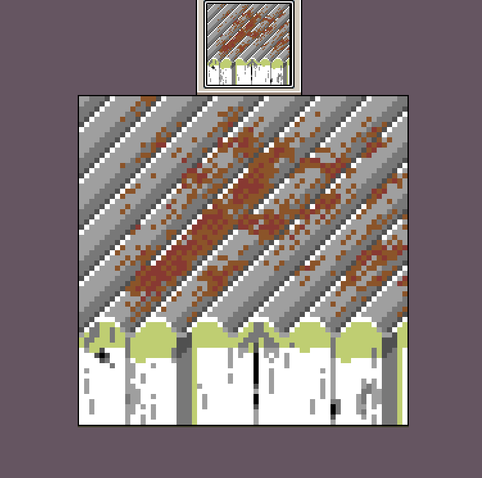 64x64 isometric / orthographic pixel art of an old fashioned, corrugated tin roof covered with large patches of rust. Below it is a rugged and worn out white wooden wall.