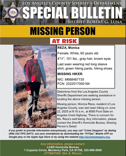 Description of missing person, 60 year old white female, 411 101 lbs. last seen wearing red long sleeve shift, green hiking pants, hiking shoes