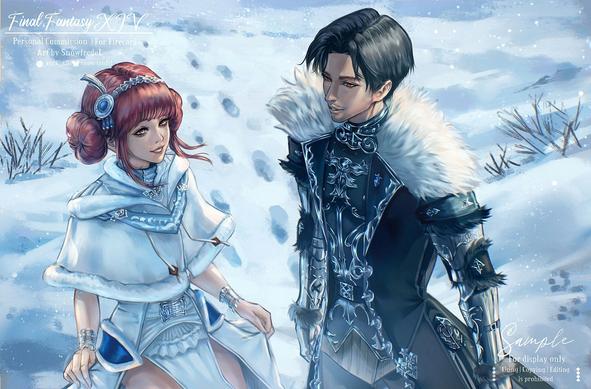 FFXIV OC illustration Commission (Oil paint) of a hyur couple, the characters arewol OC from FFXIV final fantasy XIV ff14 character, the male wol is walking together with female happily in winter snowy scene, leaving theirs footprints visible, they dress in luxury outfit with fur on their clothes.

art by snowfredel owner Firecard
#snowfredelart