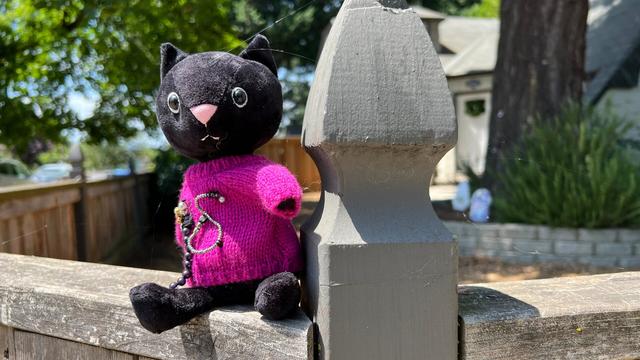 a plush toy black cat wearing a pink sweater with string-beaded decorations sits on the edge of a wooden fence by a support post. the black cat is wide-eyed with a large pale pink nose. cobwebs spread from the post across the toy and fence. the depth of field is shallow, so that the yard and house beyond are not in focus. the bright daylight casts shadows of a noon summer sun.