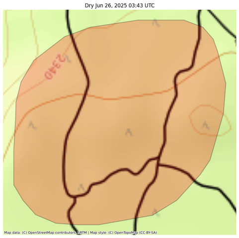 Visual map representation of the Dry wildfire, showing the perimeters of the 50.54431671273303 acre fire on a map.