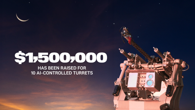 Picture of a sky sentinel turret on right hand side with three guns pointed skyward, against a night sky. There is a crescent moon on the top left. The start of an orange sunrise at the bottom. Text in white against the sky says "$1,500,000 has been raised for 10 AI-controlled turrets"