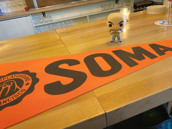 Cal with SOMA banner from Upper Playground