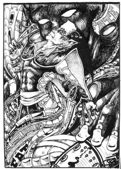 An unforgivably detailed black and white illustration of Lynx and FATE from Chrono Cross, tangled in various pipes and cables.