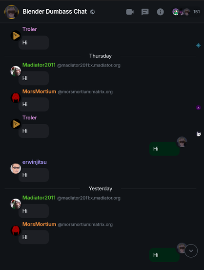 Screenshot of a messaging app. Everybody is saying "Hi"