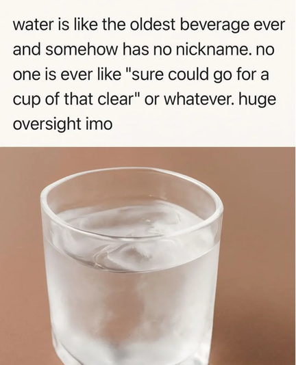 Water is like the oldest beverage ever and somehow has no nickname. no one is ever like "sure could go for a cup of that clear" or whatever. huge oversight imo.