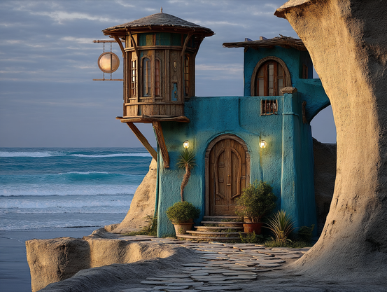 Whimsical teal stucco seaside cottage, with a wood framed tower supporting a hanging golden gong, carved wood doors, and well trained decorative plants, overlooking ocean waves under a moody sky.
