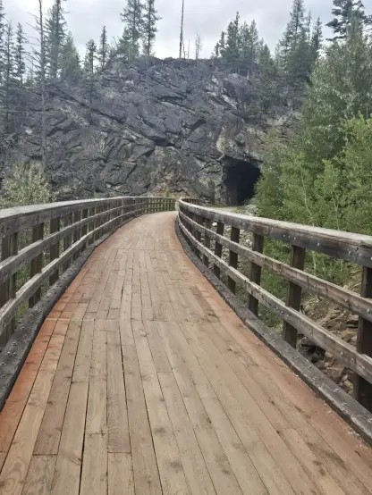 Trestle in the foreground, with a train tunnel entrance in the side of the mountain in the background.  Railings on each side of the trestle deck prevent people from falling.  No-one is visible in this image.