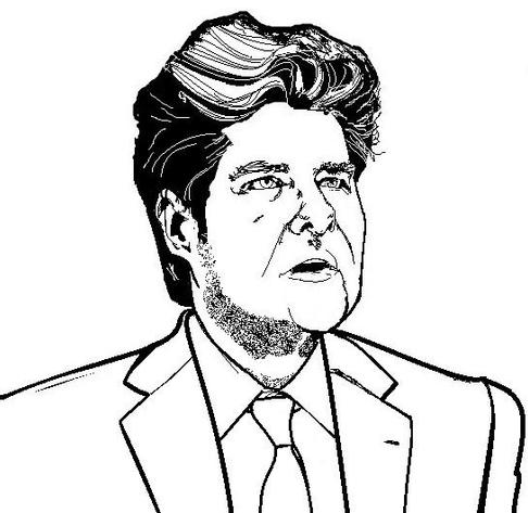 A black and white illustration of Matt Gaetz amid his pompadour.