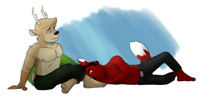 Luis, the fox and Axel, the deer. Luis' touching his boyfriend's foot. Both of them wear pants only.