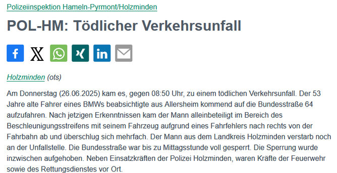 Polizeimeldung Tödlicher VU