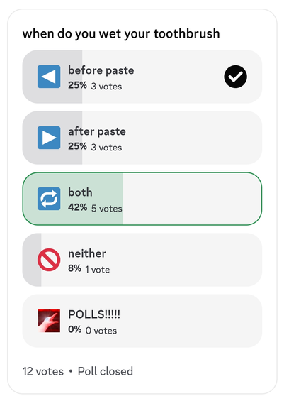 a poll called "when do you wet your toothbrush". results:

before paste: 3 votes
after paste: 3 votes
both: 5 votes
neither: 1 vote 
POLLS!: no votes
(12 total votes)