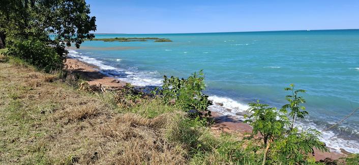 Sea with almost no beach and mangroves just with their tips showing above the water. 9.2m tide.
