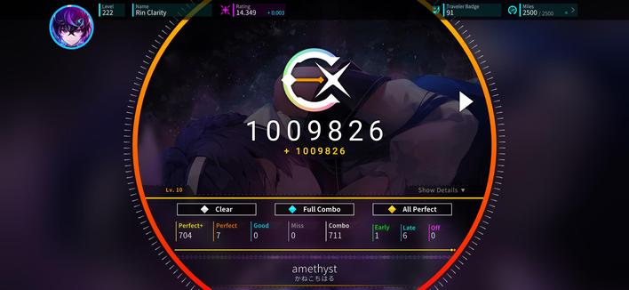 Rotaeno play result. 
"amethyst" by Chiharu Kaneko; chart III rated 10. 
1,009,826 points and rank EX+. 
All Perfect, with 7 non-plus Perfects. 
First try.