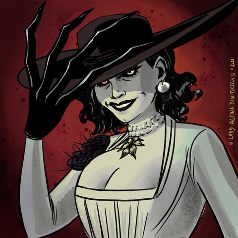 A portrait of Lady Dimitrescu. She has pale skin and dark hair, wearing a wide-brimmed hat and elegant dress. She has a sly smile, ornate jewelry, and long, claw-like gloves. The background features a dark, crimson hue.