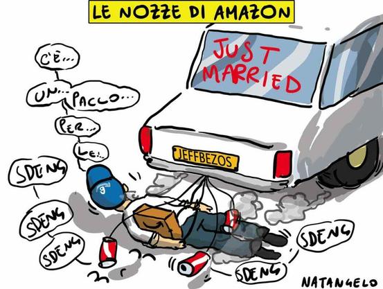 Nel disegno, un corriere legato al paraurti posteriore, assieme a delle lattine di Coca~Cola, ad un'auto targata ' JeffBezos' e che riporta la scritta 'Just Married' sul lunotto, dice: "C'è... Un... Pacco... Per... Lei..."
La didascalia in alto recita: 'Le nozze di Amazon'
