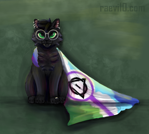 a black feral cat sitting on all fours looking to you with a therian pride flag loosly draped over its shoulders, this flag is my version the landscape flag, with two greens a purple stripe white clouds and 2 blues, the cat has green eyes and round silver glasses
