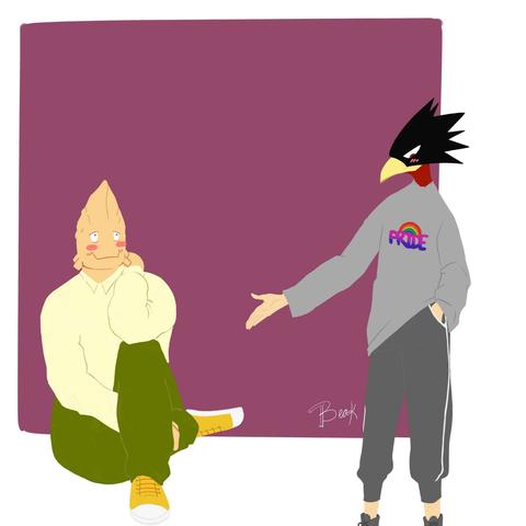 a digital drawing of two characters from 'my hero academia' manga/anime: fumikage tokoyami and koji koda. koda is sitting on the ground of the left side of the image, wearing light colored shirt and green pants, and is looking to the right side of the image where tokoyami is standing in grey sports t-shirt and pants, extending his hand towards koda.