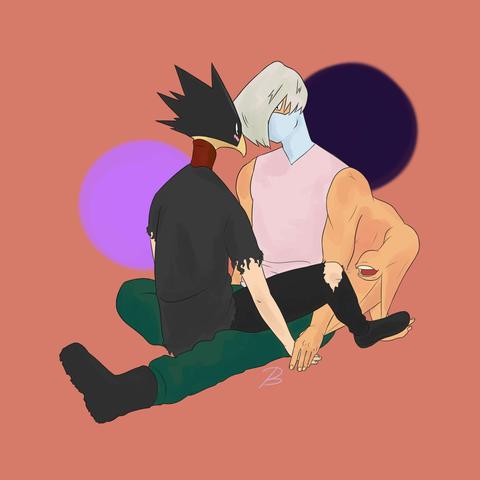 a digital drawing of two characters from 'my hero academia' manga/anime: fumikage tokoyami and shouji mezo. they are sitting on the ground facing each other holding habds.
