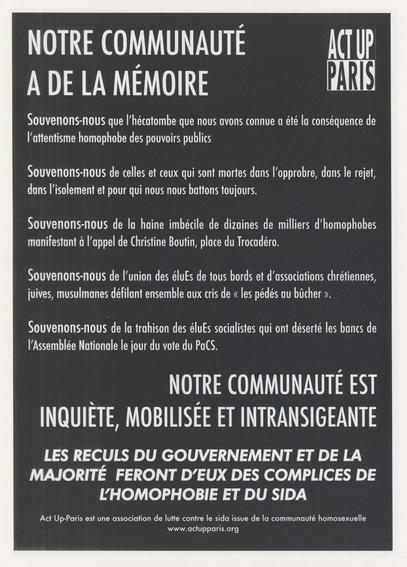 Affiche d'Act Up intitulée Notre communauté a de la mémoire.