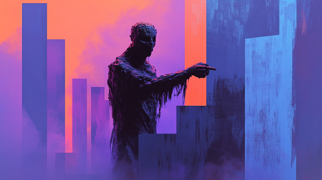 L’Écho du Condamné.
Figure spectrale couverte de goudron, pointant au milieu de structures géométriques sur fond de brume violette et ciel incandescent.
Tar-covered spectral figure pointing among geometric structures in purple fog and a blazing sky.