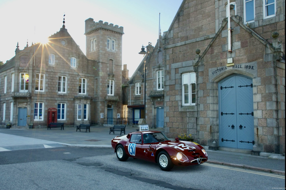 Superimposed car outside the Victoria Hall in Ballater in GT7.
