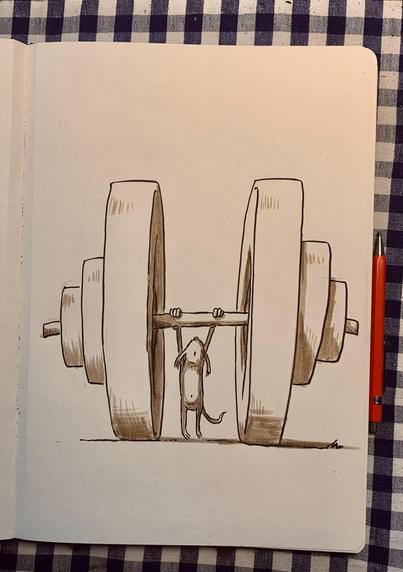 A cartoon drawing of a small monster, hanging from a weight bar with large round weights on either side.