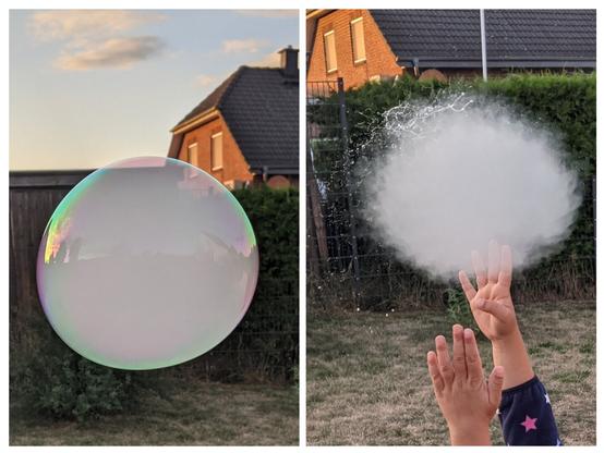 A two-panel image showcasing a bubble filled with vape fumes. The left panel features a large, opaque, iridescent bubble floating outdoors, reflecting various colours against a backdrop of houses and green foliage under a soft, golden sky. The right panel captures the moment the vape-filled bubble bursts, forming a cloud of misty vapour droplets, with two small hands reaching up towards it in a garden setting.