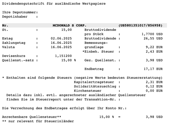 Dividendengutschrift McDonald's im Juni 2025 Flatex