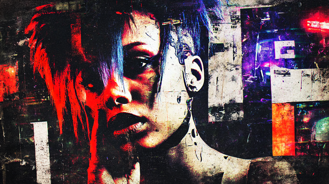 Signal Fragmenté.
Portrait glitché d’un cyborg au regard intense, mêlant fragments numériques, teintes rouges et bleutées, dans une ambiance urbaine décadente.
Glitched portrait of a cyborg with an intense gaze, blending digital fragments, red and blue hues in a decaying urban atmosphere.