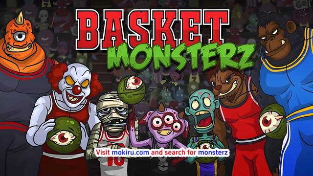 The image features a group of cartoonish, monstrous characters dressed in basketball uniforms, standing together with a menacing and playful demeanor. The title "BASKET MONSTERZ" is prominently displayed in bold red and green letters at the top. Each character has unique, eerie features such as glowing eyes, sharp teeth, or mummy-like wrappings, and they are holding eyeballs in their hands. The background shows a crowd of similar monstrous figures, creating a chaotic and humorous atmosphere. This scene suggests a parody or comedic take on a basketball team composed of supernatural beings.