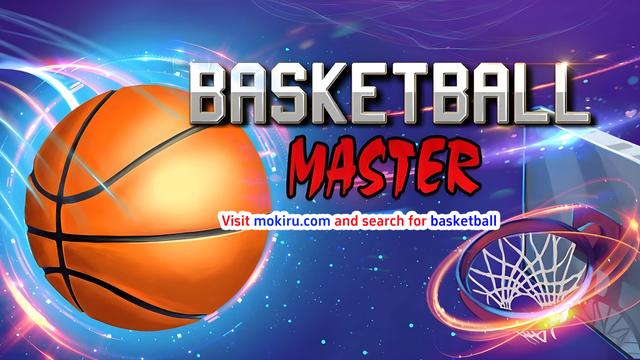 The image features a vibrant, dynamic design with the text "BASKETBALL MASTER" prominently displayed. A large orange basketball is on the left, and a basketball hoop with a net is on the right. The background is a deep blue with glowing light trails and sparkles, creating an energetic and exciting atmosphere. The overall theme suggests a basketball game or competition.