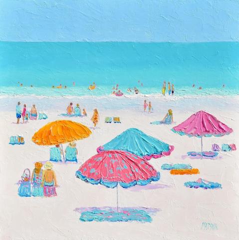 A beach painting featuring colourful, textured umbrellas. Painted with a palette knife in oils, this coastal scene captures the joy, energy, and tranquility of a perfect beach day. From families to friends and solo beachgoers, every figure adds to the story of this sun-drenched seaside escape.