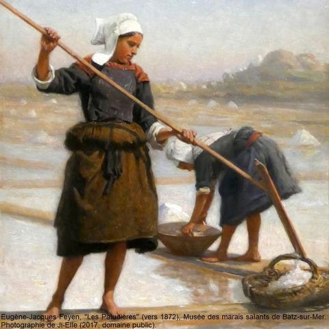 Eugène-Jacques Feyen, "Les Paludières" (vers 1872), Musée des marais salants de Batz-sur-Mer. Photographie de Ji-Elle (2017, domaine public).
Deux femmes en plein travail dans un marais salant.