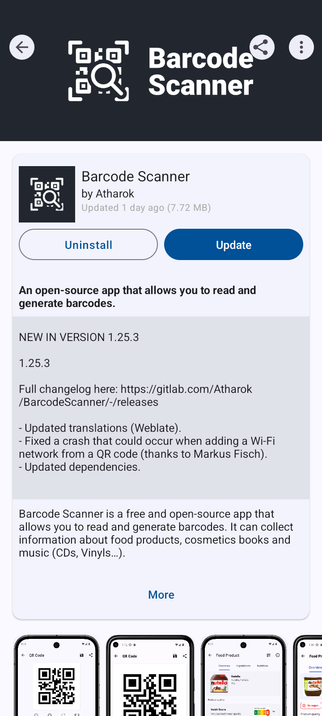 Fdroid page of "Barcode Scanner" app with incoming update.
A section "New in version 1.25.3" has a grey background and a section below it has a light grey background.
