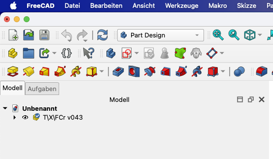 FreeCAD on macOS, with German language.
"Unnamed"-model with imported STEP file "T\X\FCr v043" - or what it should be "Tür v043"